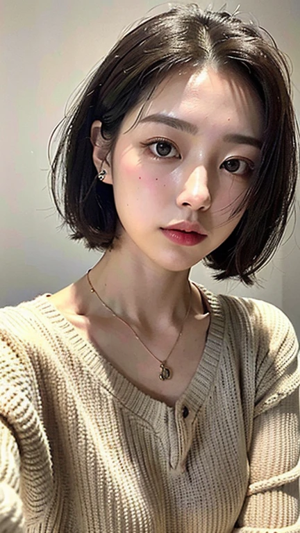 (Highest quality、8k、32K、masterpiece、Ultra-high resolution:1.2)、Cute Half-Woman Photos、Very short bob hair、Upper body、Face Focus、Extra Large_sweater、necklace、Simple Background、From above、Looking at the audience、