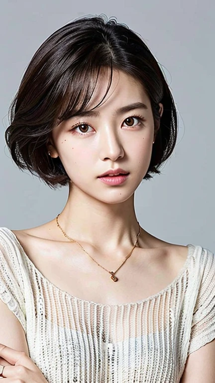 (Highest quality、8k、32K、masterpiece、Ultra-high resolution:1.2)、Cute Half-Woman Photos、Very short bob hair、Upper body、Face Focus、Extra Large_sweater、necklace、Simple Background、From above、Looking at the audience、