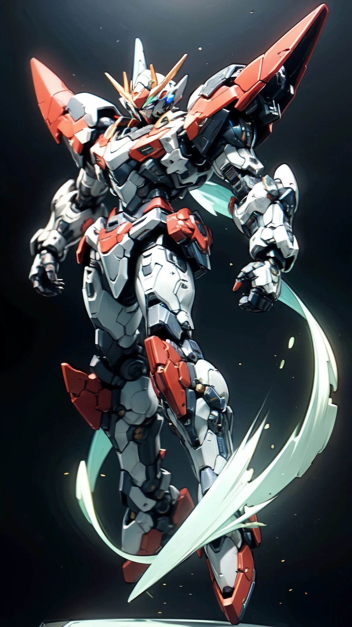 (masterpiece:1.5, best quality:1.5, extremely delicate:1.5), humanoid Mecha, fully enclosed shoulder guards, matching arm and leg guards, full body, full armor, the design balances heavy with agility, (the color scheme is primarily white with red and blue accents, the concept Inspired by Super robot, organic biotech armor, standing, floating high above the futuristic sci-fi city), exquisite and mature art style, (aura effect, energy, glowing eyes, the armor glows), metallic, dramatic, high definition, highres, ultra-detailed, ultra-fine painting, professional, perfect body proportions, anatomically correct, symmetrical face, extremely detailed eyes and face, high quality eyes, creativity, RAW photo, UHD, 32k, Natural light, cinematic lighting, masterpiece-anatomy-perfect