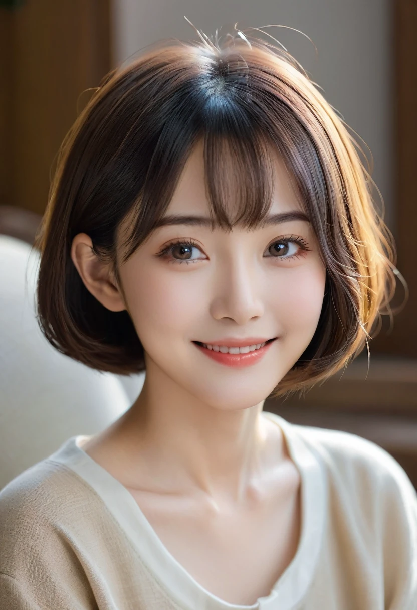 ((Highest quality, 8k, masterpiece :1.3)),,,Women,Japanese,Gentle smile short hair,(Droopy eyes:1.2),(beautiful and detailed narrow eyes:1.2),rather thin lips
