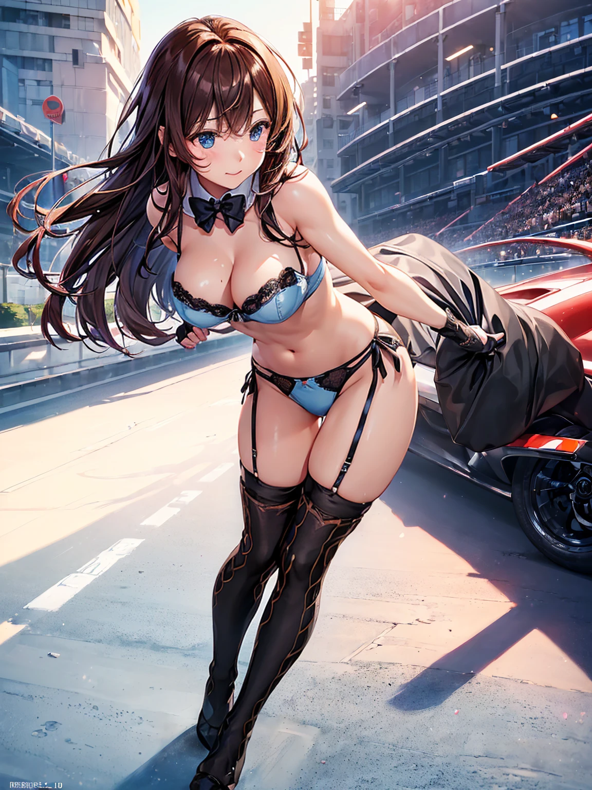 (((masterpiece, Highest quality, High resolution, 超High resolution, Perfect Pixel, Depth of written boundary, 4K, RTTX 10.0))), Beautiful Anime Woman, Beautiful art style, Anime characters, ((Smooth texture, Realistic texture, Anime CG Style)), Exact finger count、Exact number of legs、(Exact number of arms:1.0, Exact number of hands:1.0), (Perfect hands, Perfect Anatomy), Cinematic, Realistic, Extremely detailed CG, Daytime lighting, Perfect lighting, Best Shadow, The best natural light, whole body, Perfect body, バランのとれたPerfect body, Perfectly balanced style, Slender body, ((Long Hair, bangs, Reddish brown hair, Stylish hairstyle)), ((A cute woman is walking sexy:1.8)), ((Bow tie around neck:1.3), (Black high heels:1.2), (Sexy and cute light blue underwear:1.3), (Stylish shiny light blue satin panties, Side-tie panties, The panties are plain light blue in the center with lace decoration on the sides.:1.3), (Thin panties:1.3), (Light blue micro lace satin bra, Light blue bra with lace trim, Thin bra:1.3), (garter belt, Black knee socks:1.3):1.3), (Beautiful big , Cleavage:1.1), (Embarrassed expression:1.5), (blush:1.2), (circuit, Racing Car, promotional model, grid girl:1.5), naked, In underwear, Underwear, whole body, Angle from the front, chizuru