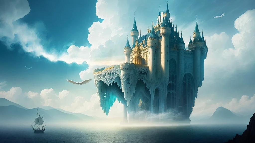 (Masterpiece:1.2), giant white whale with wings, Floating in the air, Carrying a huge castle on  back, surreal scenery, Magical atmosphere, Intricate details, majestic architecture, ethereal clouds, Vibrant colors, Breathtaking scale, fairytale-like, Soft and dreamy lighting, amazing craftsmanship, awe-inspiring composition, intricate textures, Fantasy elements, Incredible craftsmanship, otherworldly beauty, an epic fantasy, a peaceful and serene atmosphere, Mesmerizing and fascinating