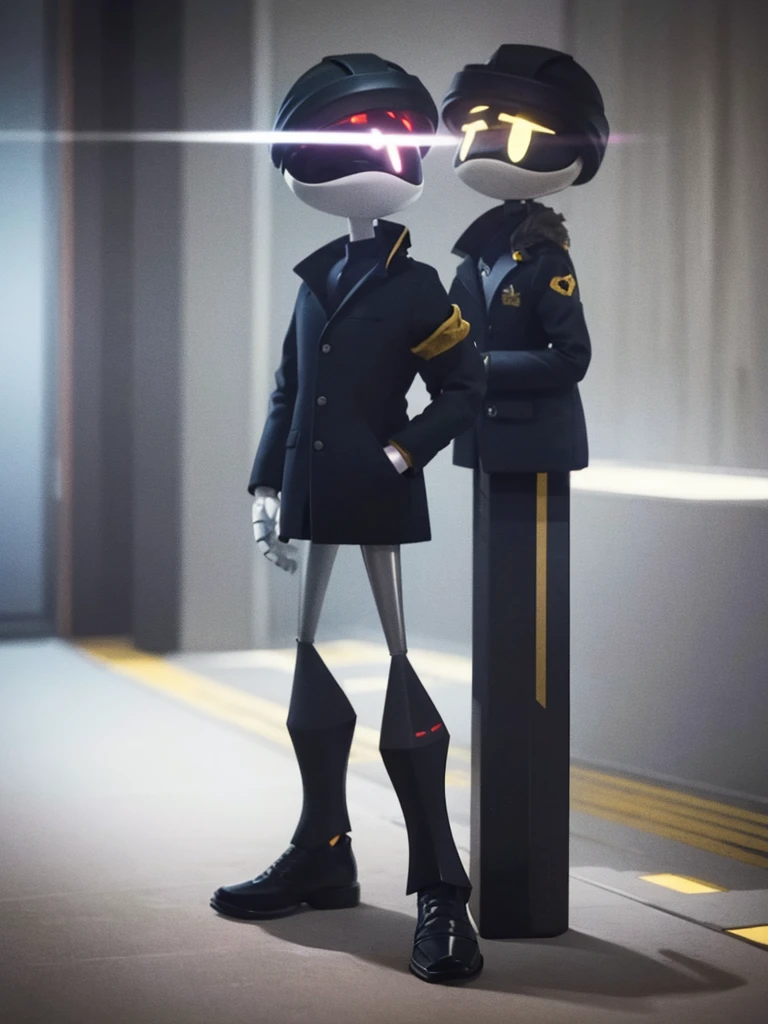 Male, Murder Drone, prototype infiltrator drone, wearing modified formal jacket and helmet, no hair, white eyes, standing at attention, hands in pockets, fully in frame, full body shot, facing viewer, lone figure, sole figure, alone, no other characters, singular character, incognito, Murder Drones style