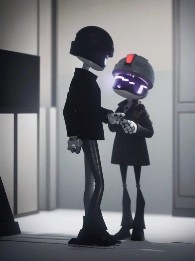 Male, Murder Drone, prototype infiltrator drone, wearing modified formal jacket and helmet, no hair, white eyes, standing at attention, hands in pockets, fully in frame, full body shot, facing viewer, lone figure, sole figure, alone, no other characters, singular character, incognito, Murder Drones style