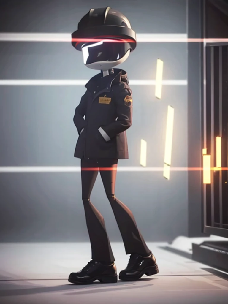 Male, Murder Drone, prototype infiltrator drone, wearing modified formal jacket and helmet, no hair, white eyes, standing at attention, hands in pockets, fully in frame, full body shot, facing viewer, lone figure, sole figure, alone, no other characters, singular character, incognito, Murder Drones style