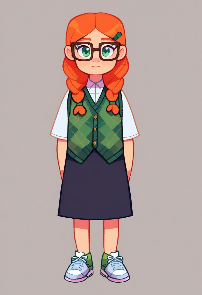 penelope, solo, 1girl, standing, full body, ginger braided hair with circular green clips at the ends, black clips on hair, brown glasses, emerald green eyes. white long-sleeved shirt, rhombus-themed vest (colors: blue, red and goldenrod), dark grey skirt, white sneakers 