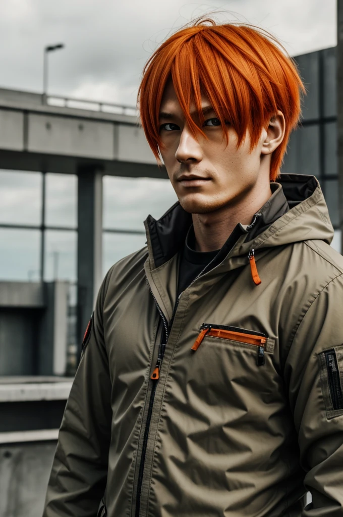 Orange haired man in bloody anime style gray military suit