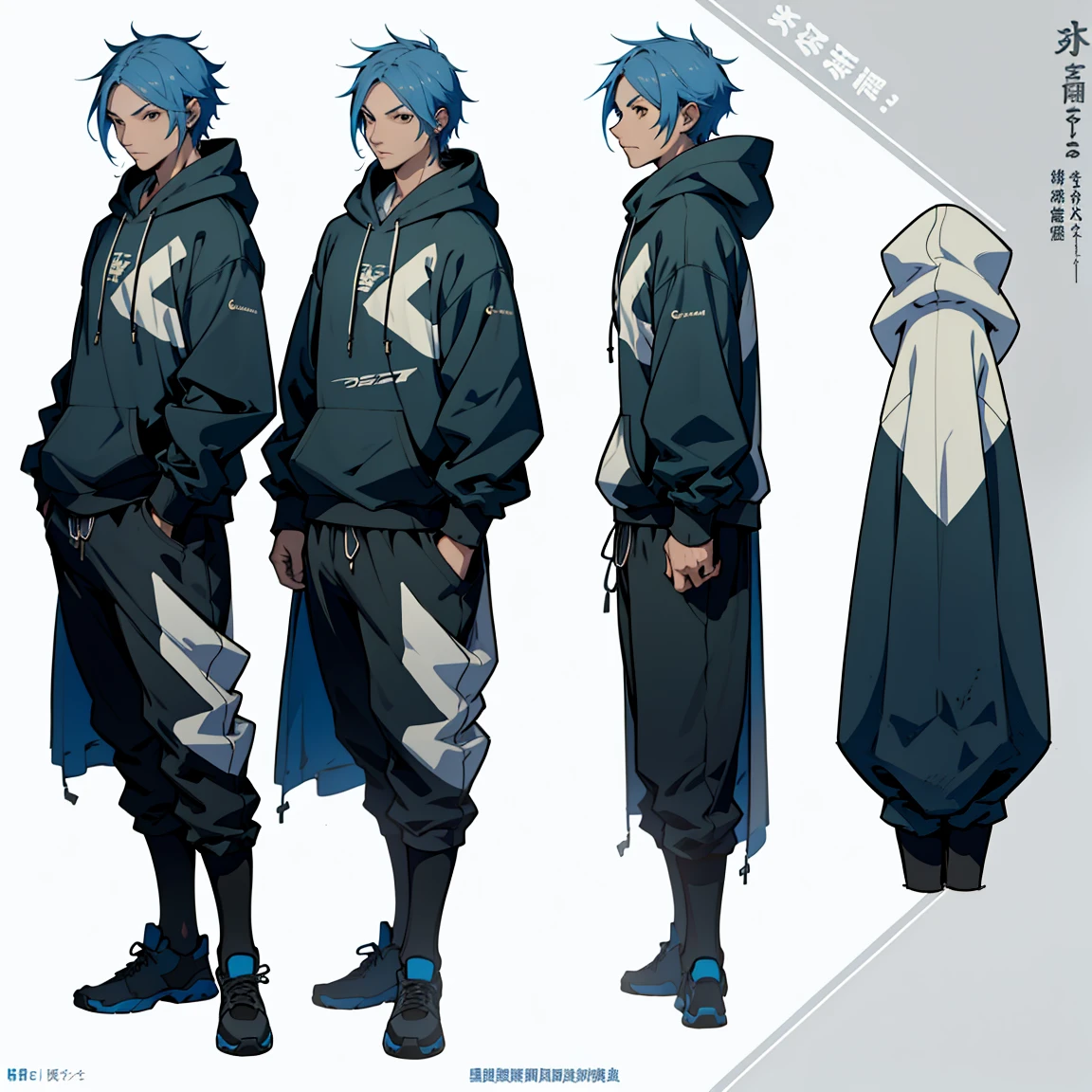 Close-up of a man in a white hoodie, ((キャラクターConcept Art)), ((Character design sheet, same characters, front, ~ side, return)) maple story character art, Video Game Character Design, Video Game Character Design, A baggy hoodie、Blue Hair, 専門家による高精細Concept Art, Interesting character design, Lucio as a man, Gravity Rush inspiration, sticky tar. Concept Art,A baggy hoodie