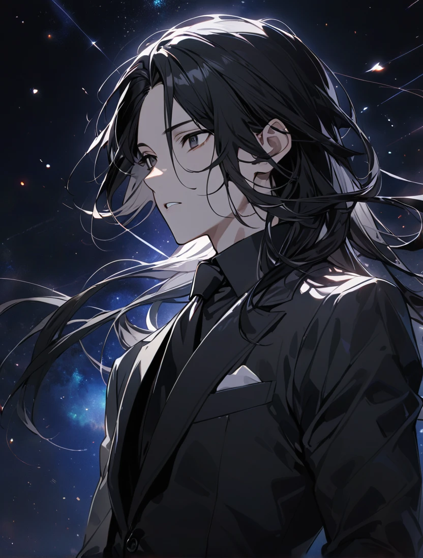 (black_hair), (long_male_hair), (deep_black_eyes), (high_detailed_eyes), (attractive), (emotionless), (Deep_space_background), (male), (wearing _a_black_suit), (long_male_hair), (detailed_Hair), (detailed), (detailed_mouth), (vertical_slit_pupils), (detailed)