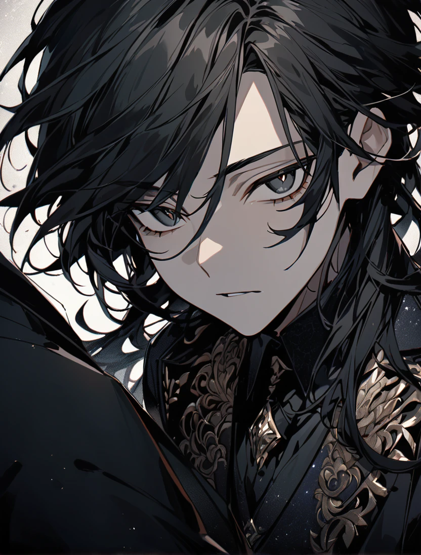 (black_hair), (long_male_hair), (deep_black_eyes), (high_detailed_eyes), (attractive), (emotionless), (Deep_space_background), (male), (wearing _a_black_suit), (long_male_hair), (detailed_Hair), (detailed), (detailed_mouth), (vertical_slit_pupils), (detailed)