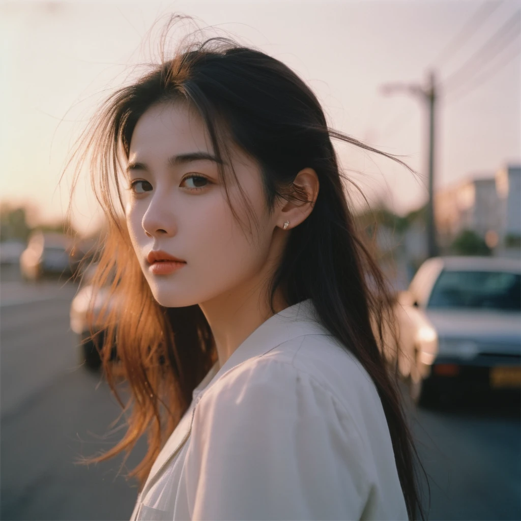 from side,1girl,Random expression,The setting sun,cloud,side,KODAK Ektar 100,raw,8K,32K