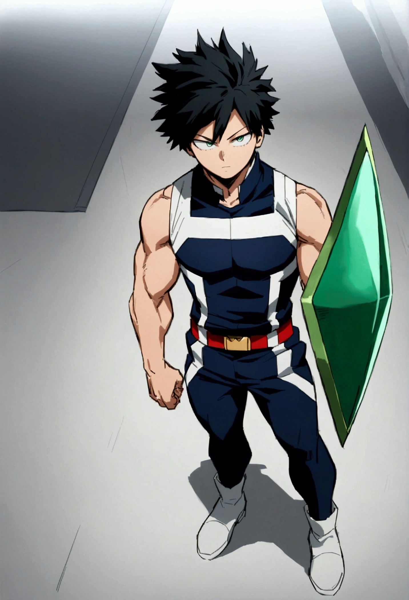  He is a 17 year old teenager, He has slightly disheveled very black hair..., somewhat light green eyes, (front angle ) , (full body), muscular body , He is dressed in the anime uniform. "my hero academia", transparent green shield on the right arm 