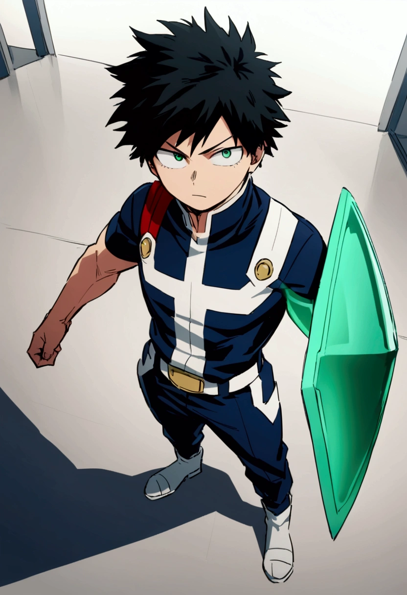  He is a 17 year old teenager, He has slightly disheveled very black hair..., somewhat light green eyes, (front angle ) , (full body), muscular body , He is dressed in the anime uniform. "my hero academia", transparent green shield on the right arm 