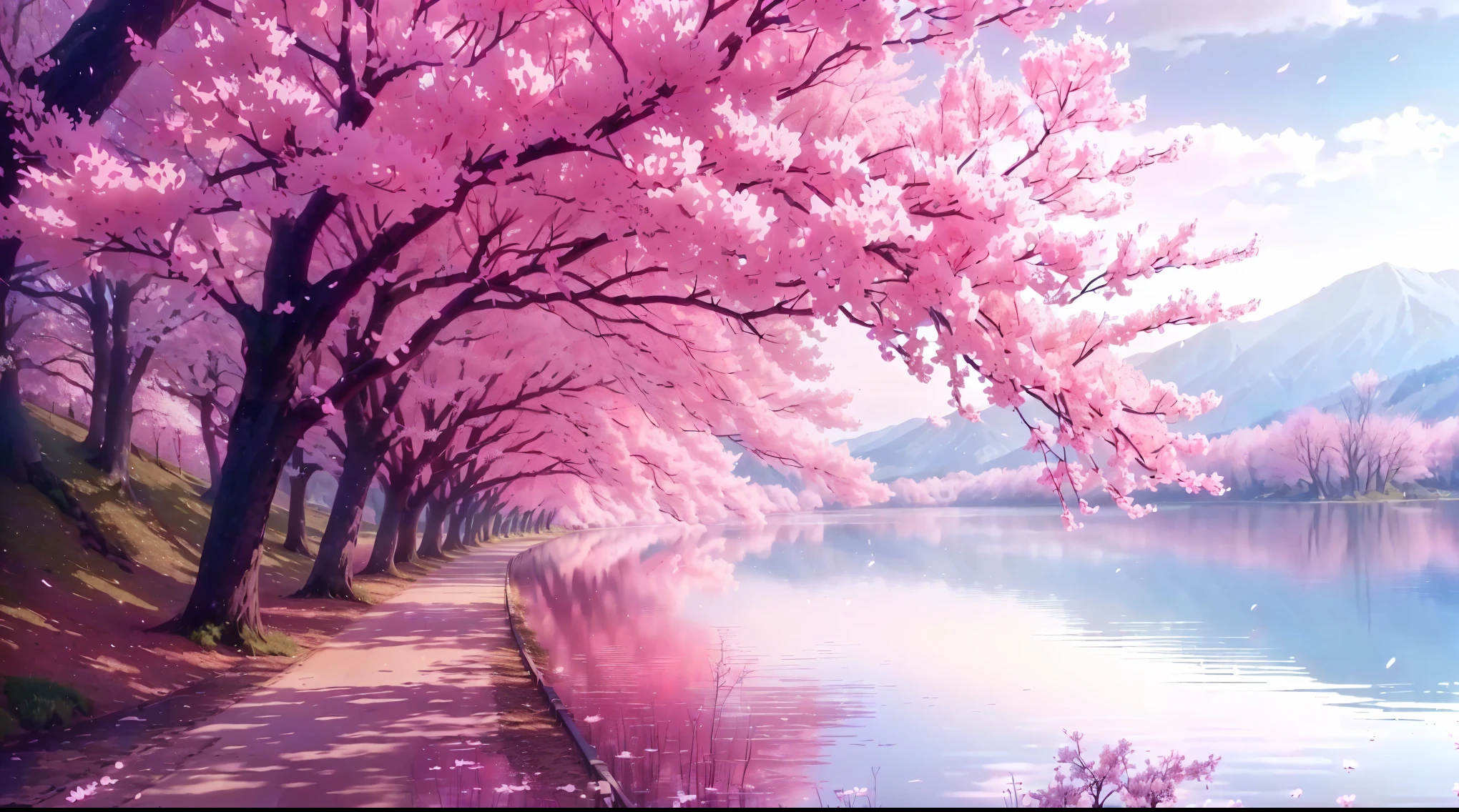 there is a pink tree that is next to a lake, anime beautiful peace scene, cherry blossom trees, cherry blossom forest, pink tree beside a large lake, pink reflections, beautiful anime scene, beautiful anime scenery, sakura trees, anime nature wallpap, lush sakura trees, pink trees, cherry blossom, very beautiful digital art, pink landscape, cherry blossoms