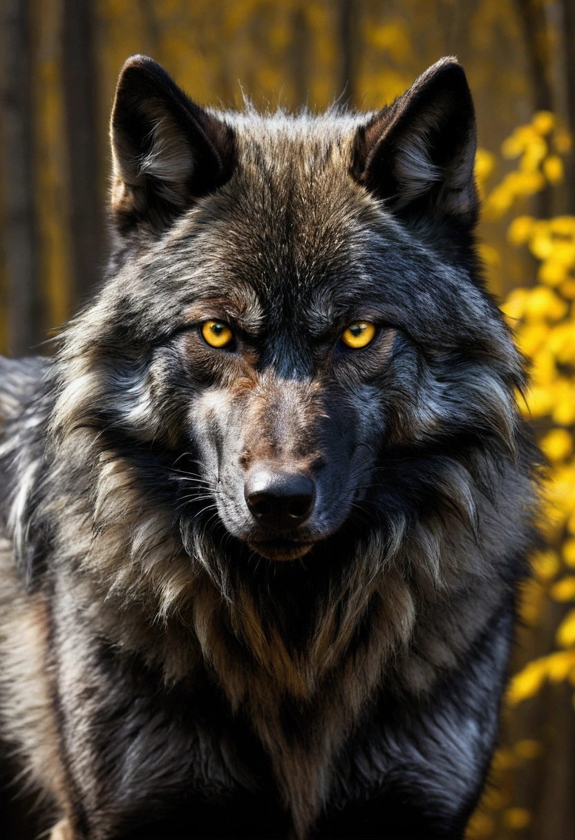 A furry wolf with black fur, yellow eyes with a hunting look, let it be male, that has muscles and a serious expression.