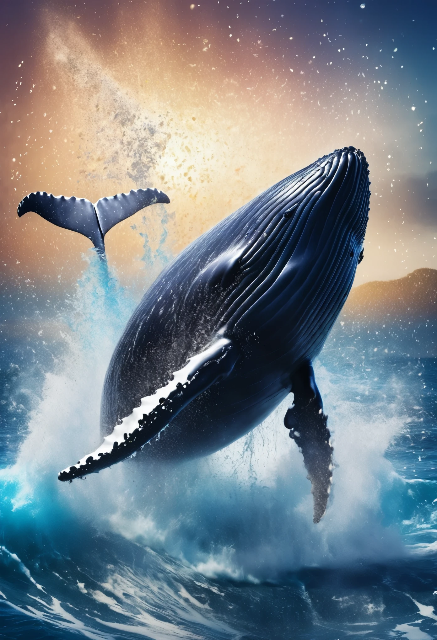 whale leaping high out of the water, huge splash, seawater breaking, glitter effects, real RAW photo art, background picture frame made of rage, chains, and decorations