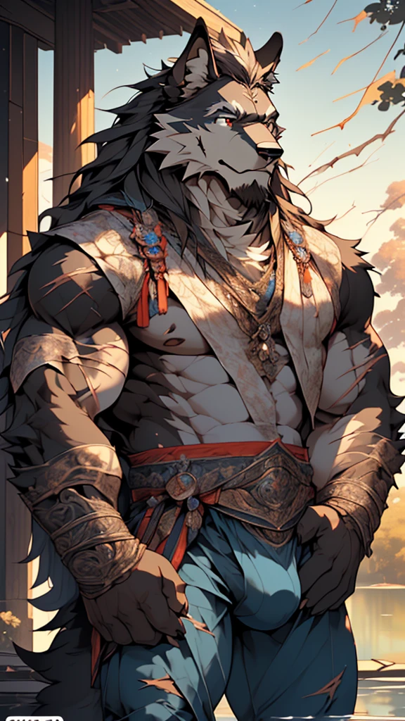 (masterpiece),(highres),(intricate details:1.4),extremely detailed,(illustration:1.2),8k,photorealistic,exquisite,,aged,elder male wolf,muscular,(general:1.7),black fur,manhood,warrior,(black fur:1.3),long hair,long beard,(numerous scars:1.2),(badly damaged:1.7),(bulging crotch:1.8),(homosexual),(a serene face:1.9),(war :1.6)