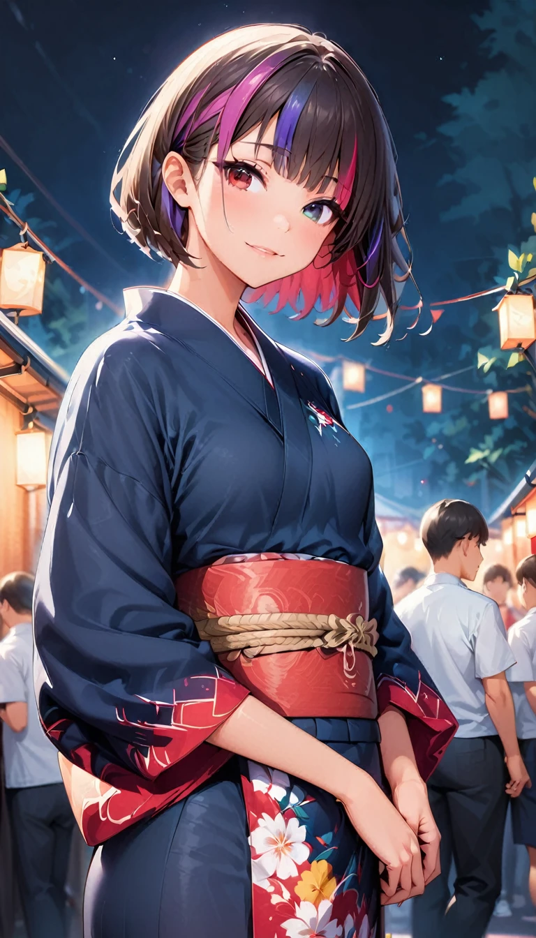(highest quality:1.2, Very detailed, up to date, Vibrant, Ultra-high resolution, High Contrast, masterpiece:1.2, highest quality, Best aesthetics), Portraiture、girl、solo, (25-years-old:1), slim, , heterrochromia, green eye, red eye, (traditional yukata), summer festival, bon dance, Bright colors、Beautiful fine details、Beautiful lip detail、extra short hair, ((bob cut:1.5))、pink and purple, ((streaked hair:1.9)), (highlights hair: 1.6), (small breast:1.3), (tan skin:0.7), cowboy shot:1