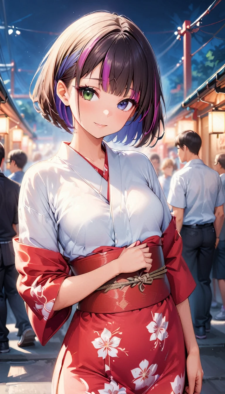 (highest quality:1.2, Very detailed, up to date, Vibrant, Ultra-high resolution, High Contrast, masterpiece:1.2, highest quality, Best aesthetics), Portraiture、girl、solo, (25-years-old:1), slim, , heterrochromia, green eye, red eye, (traditional yukata), summer festival, bon dance, Bright colors、Beautiful fine details、Beautiful lip detail、extra short hair, ((bob cut:1.5))、pink and purple, ((streaked hair:1.9)), (highlights hair: 1.6), (small breast:1.3), (tan skin:0.7), cowboy shot:1