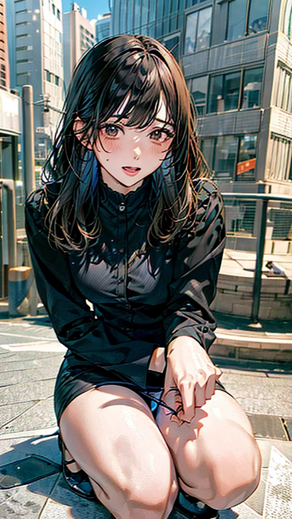 Blowjob、Office lady、Tailored Suits、Pencil Skirt、High heels、Lower body of man in front of female face、A woman is sitting sideways、On my knees、Kneeling posture、