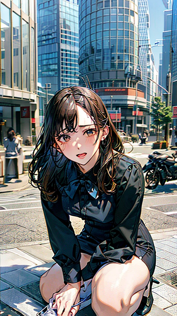 Male hand,Remote controller,Shooting from below,office Street,Skyscrapers in the background,blue sky,all fours,Kneel,masterpiece,quality,High resolution,高quality,Realistic,Random hairstyle,business suit,Pencil Skirt,Black jacket,White collared shirt,whole body,Forehead,Ahegao,Embarrassed face,Fair skin,Thighs,High heels,panty drop:1.5