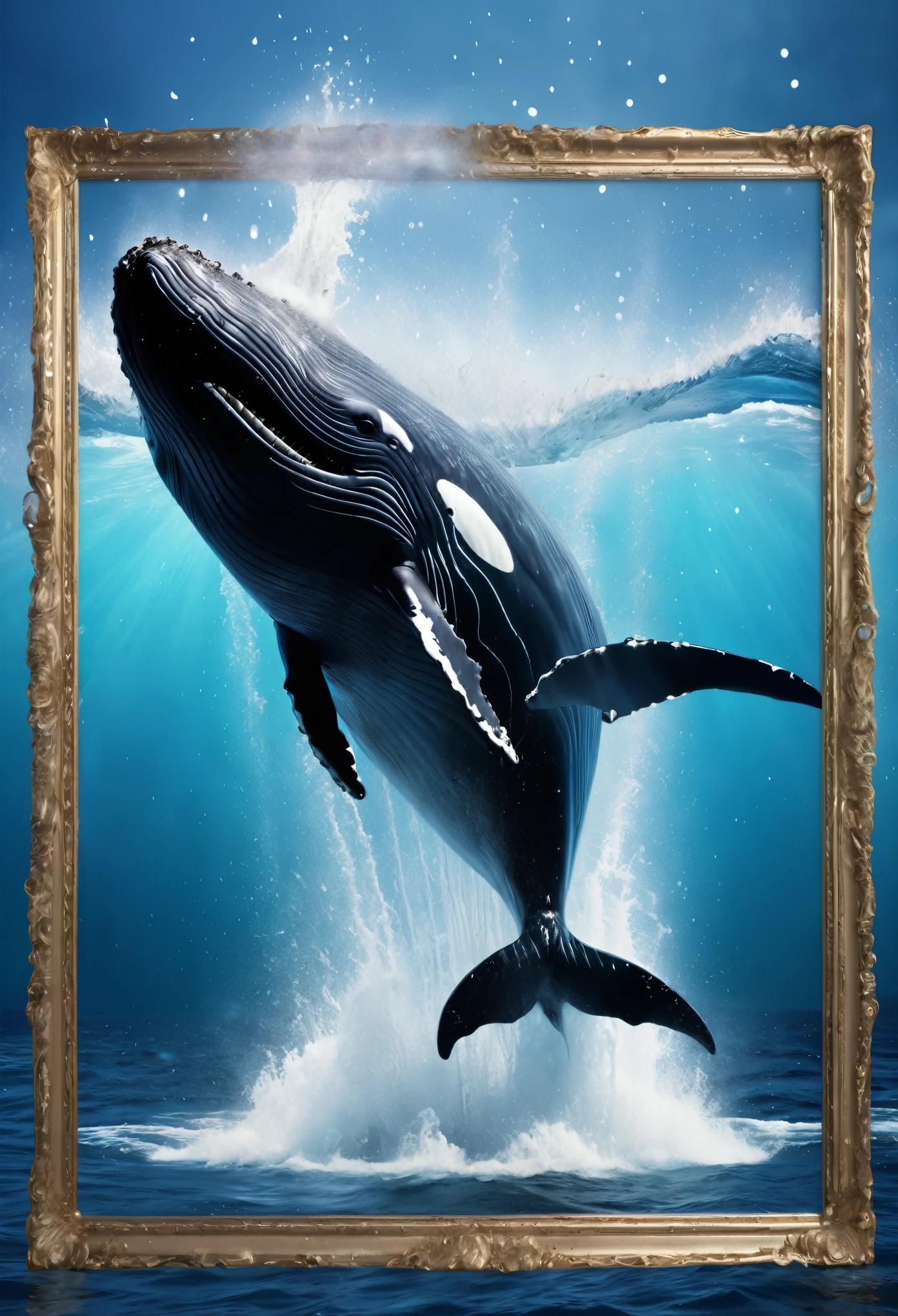 whale leaping high out of the water, huge splash, seawater breaking, glitter effects, real RAW photo art, background picture frame made of rage, chains, and decorations