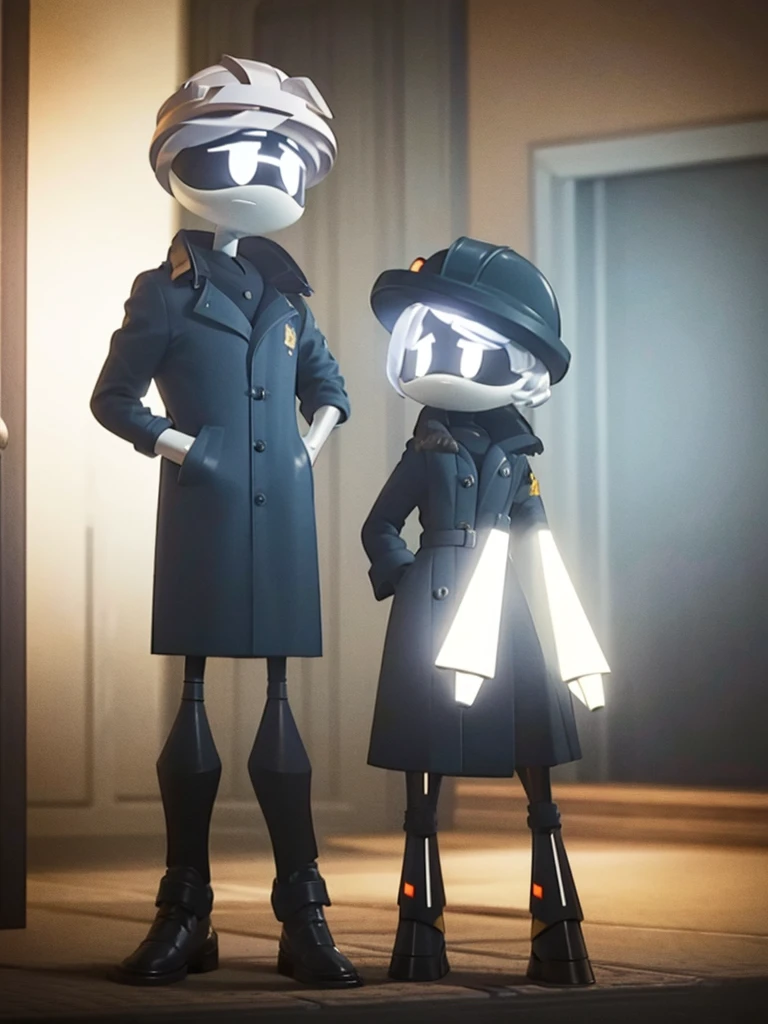 Male, Murder Drone, prototype infiltrator drone, wearing custom formal trenchcoat and helmet, no hair, white eyes, standing at attention, hands in pockets, fully in frame, full body shot, facing viewer, lone figure, sole figure, alone, no other characters, singular character, incognito, Murder Drones style