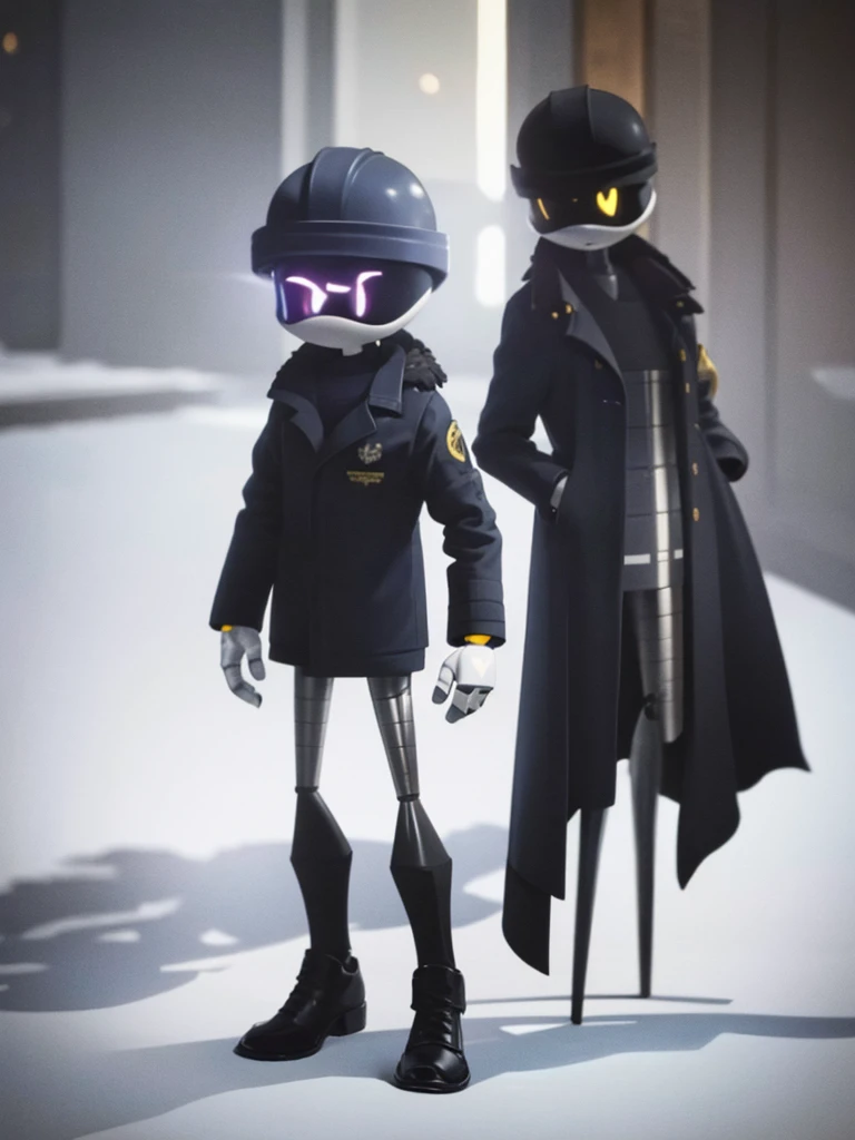 Male, Murder Drone, prototype infiltrator drone, wearing custom formal trenchcoat and helmet, no hair, white eyes, standing at attention, hands in pockets, fully in frame, full body shot, facing viewer, lone figure, sole figure, alone, no other characters, singular character, incognito, Murder Drones style