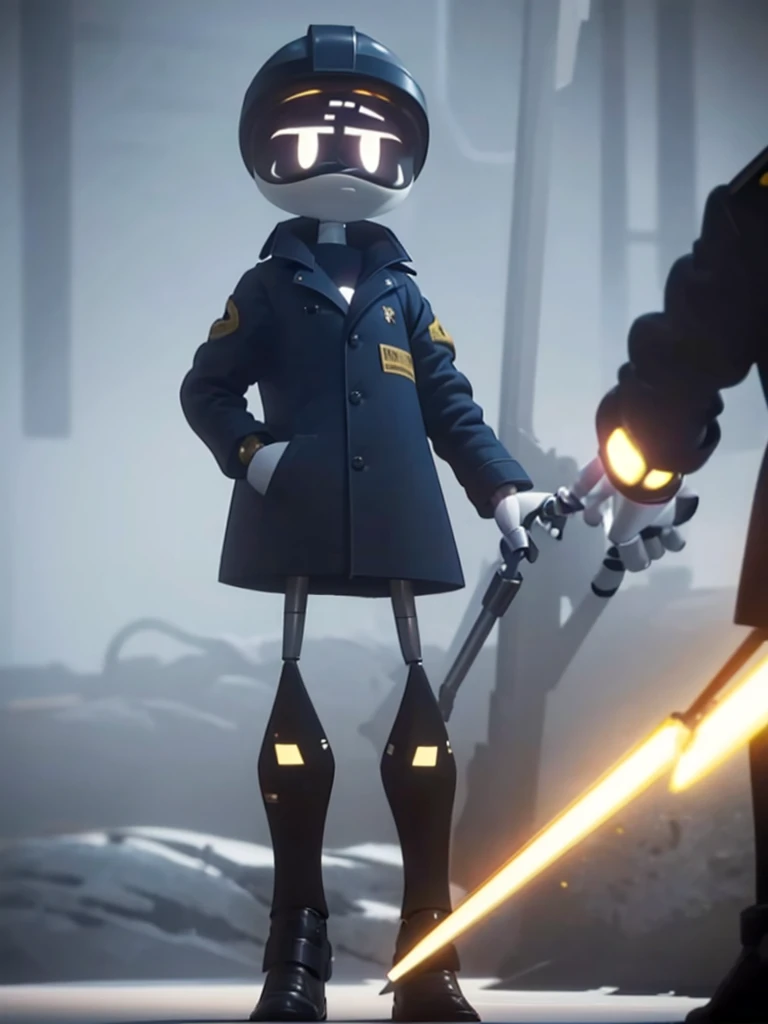 Male, Murder Drone, prototype infiltrator drone, wearing custom formal trenchcoat and helmet, no hair, white eyes, standing at attention, hands in pockets, fully in frame, full body shot, facing viewer, lone figure, sole figure, alone, no other characters, singular character, incognito, Murder Drones style