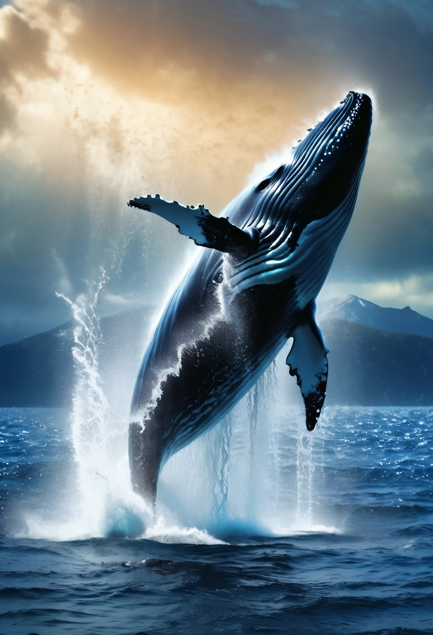 whale leaping high out of the water, huge splash, seawater breaking, glitter effects, real RAW photo art, background picture frame made of rage, chains, and decorations