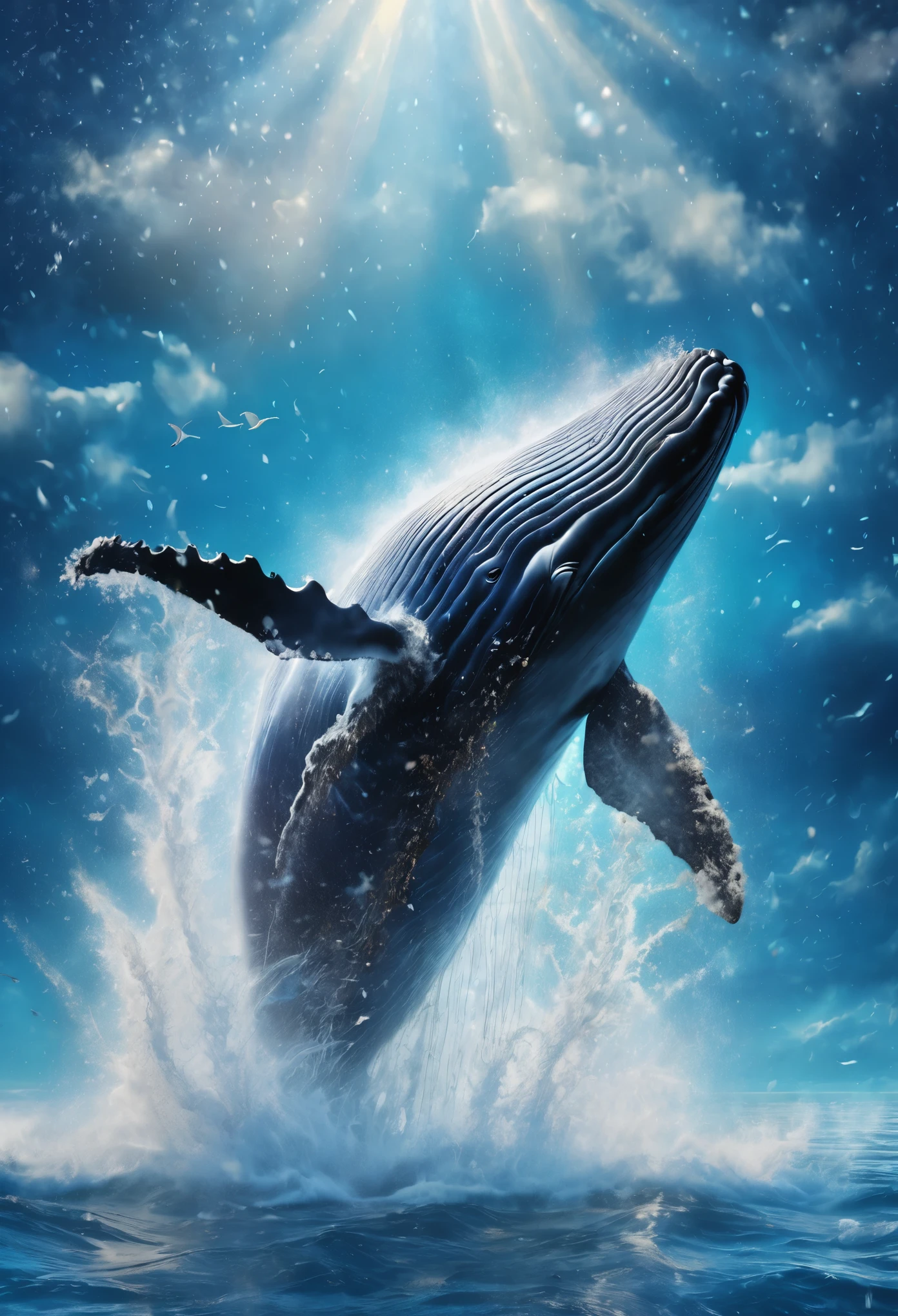 whale leaping high out of the water, huge splash, seawater breaking, glitter effects, real RAW photo art, background picture frame made of rage, chains, and decorations