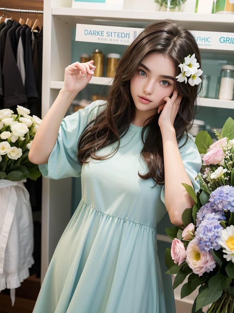 A teenage girl,  with very wavy hair, dark brown curls, light blue eyes with central green heterochromia and both, smooth-looking white skin and thick eyebrows, big lips and medium body, girl wearing a green modest dress in a store taking a photo, with flowers.