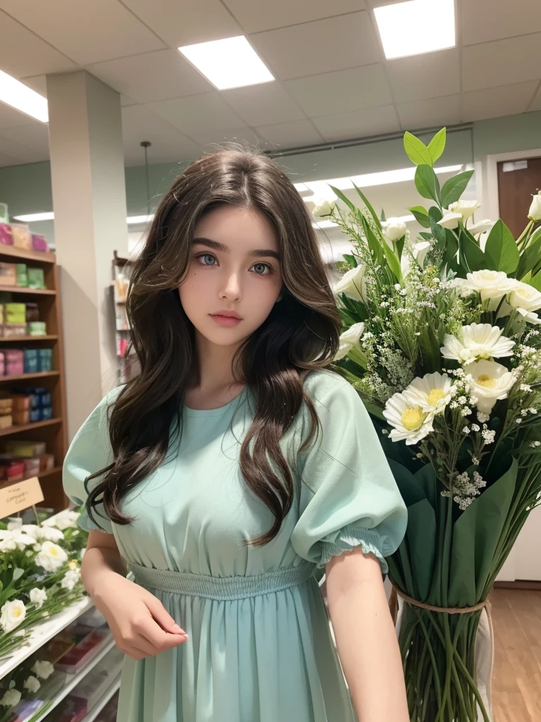 A teenage girl, with very wavy hair, dark brown curls, light blue eyes with central green heterochromia and both, smooth-looking white skin and thick eyebrows, big lips and medium body, girl wearing a green modest dress in a store taking a photo, with flowers.