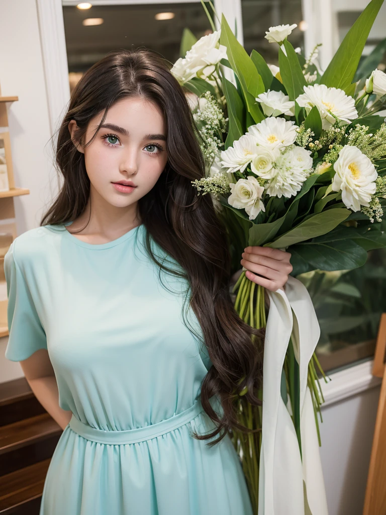 A girl, with very wavy hair, dark brown curls, light blue eyes with central green heterochromia and both, smooth-looking white skin and thick eyebrows, big lips and medium body, girl wearing a green modest dress in a store taking a photo, with flowers.