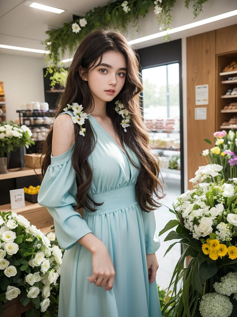 A teenage girl, with very wavy hair, dark brown curls, light blue eyes with central green heterochromia and both, smooth-looking white skin and thick eyebrows, big lips and medium body, girl wearing a green modest dress in a store taking a photo, with flowers.