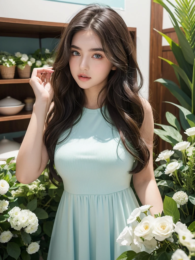 A  girl,  with very wavy hair, dark brown curls, light blue eyes with central green heterochromia and both, smooth-looking white skin and thick eyebrows, big lips and medium body, girl wearing a green modest dress in a store taking a photo, with flowers.