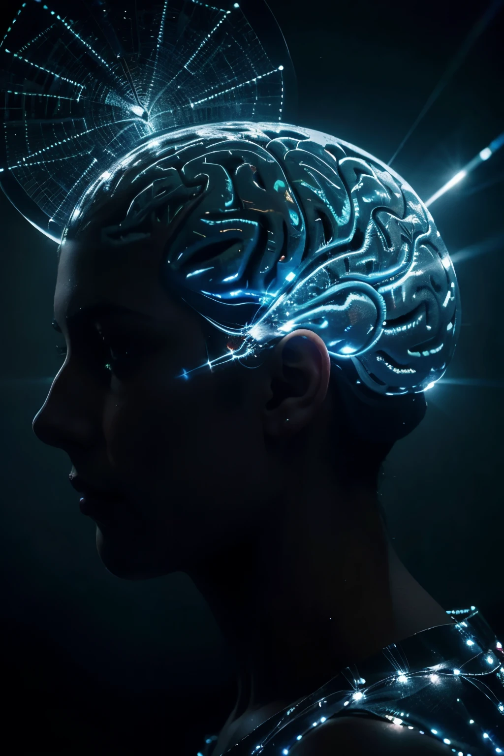 An innovative image of a transparent brain as if it were made of lights with a background that looks like the city of London with shadows of several people looking into the brain 