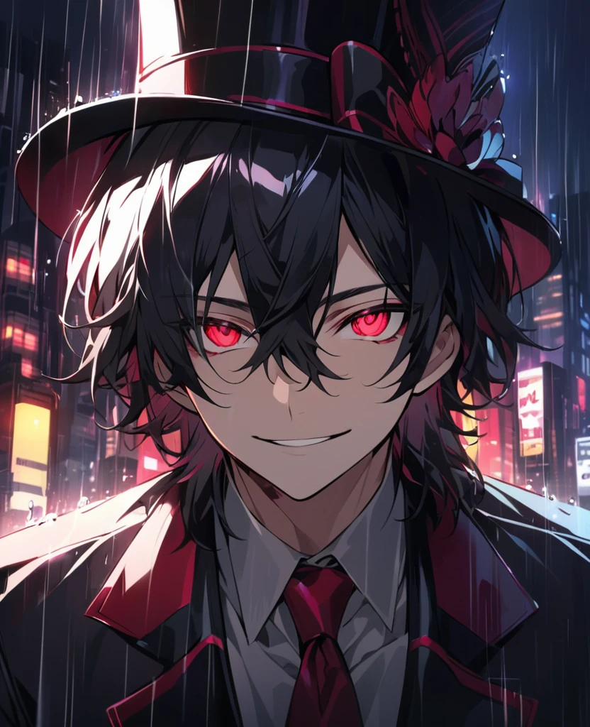  (black_hair), (deep_ruby_eyes), (detailed_eyes), (smile), (attractive), (night_city_background), (raining), (glowing_eyes), (male), (wearing _a_black_suit), (long_male_hair), (detailed_Hair), (detailed), (detailed_mouth), (top_hat), (close_up)