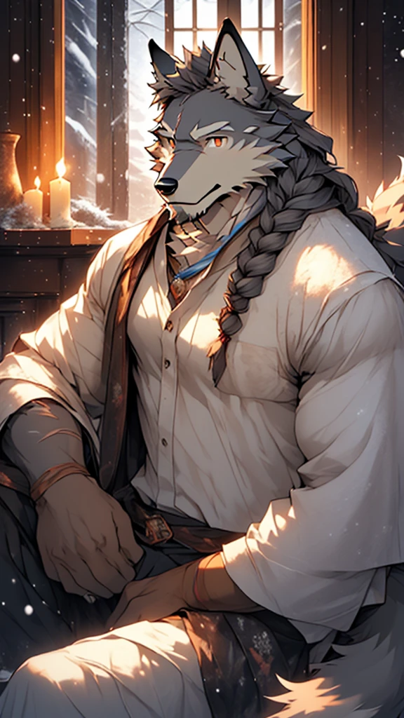 (masterpiece), (photorealistic:1.4), (1boy), (detailed face:1.2), (wolf male:1.5), (old：1.9）, (aged), (retired general),(muscular build), (gray fur:1.3), (long white beard), (long white braided hair), (loose shirt), (sitting), (resting), (calm expression), (peaceful eyes), (many scars), (scar on face), (scar on body), (indoors),  (cold northern region), (room), (fireplace), (fire), (window), (snow outside), (winter), (night), (dim lighting), (cinematic lighting)