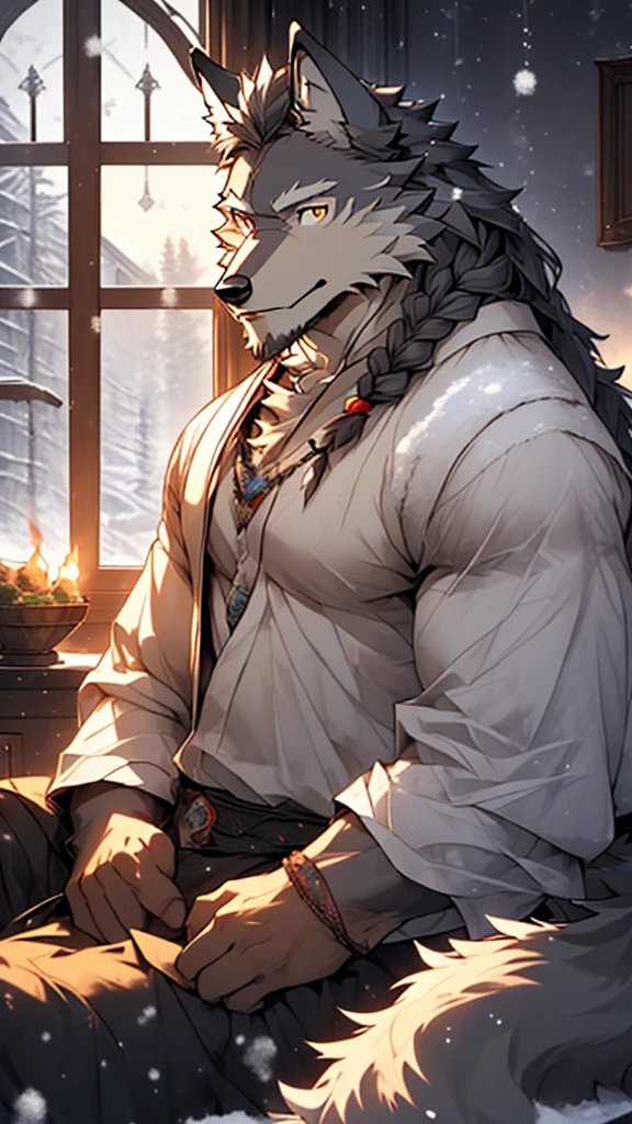 (masterpiece), (photorealistic:1.4), (1boy), (detailed face:1.2), (wolf male:1.5), (old:1.9), (aged), (retired general),(muscular build), (gray fur:1.3), (long white beard), (long white braided hair), (loose shirt), (sitting), (resting), (calm expression), (peaceful eyes), (many scars), (scar on face), (scar on body), (indoors), (cold northern region), (room), (fireplace), (fire), (window), (snow outside), (winter), (night), (dim lighting), (cinematic lighting)
