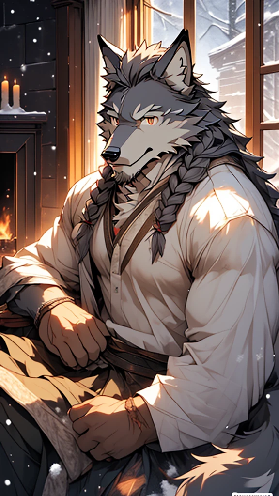 (masterpiece), (photorealistic:1.4), (1boy), (detailed face:1.2), (wolf male:1.5), (old：1.9）, (aged), (retired general),(muscular build), (gray fur:1.3), (long white beard), (long white braided hair), (loose shirt), (sitting), (resting), (calm expression), (peaceful eyes), (many scars), (scar on face), (scar on body), (indoors),  (cold northern region), (room), (fireplace), (fire), (window), (snow outside), (winter), (night), (dim lighting), (cinematic lighting)
