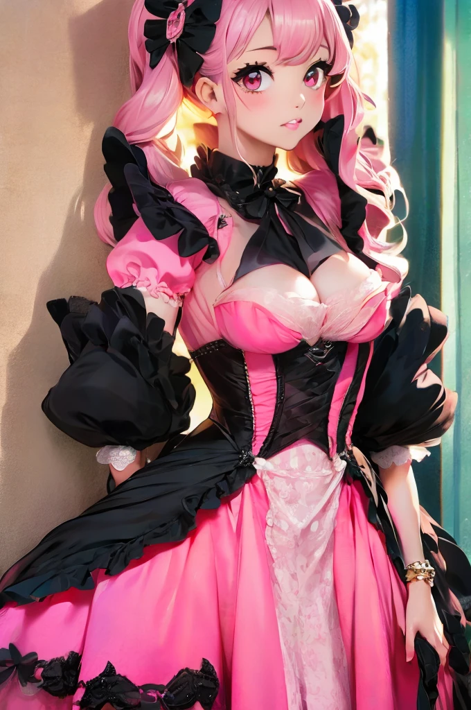 a close up of a woman in a pink dress with black bows, lolita style, romantic dress, lolita fashion, black and pink dress, magical dress, cute dress, dreamy style, fantasy dress, pink and black, rococo dress, victorian gothic lolita fashion, beautiful dress, full dress, whimsical and cute, black white pastel pink, retro and ethereal