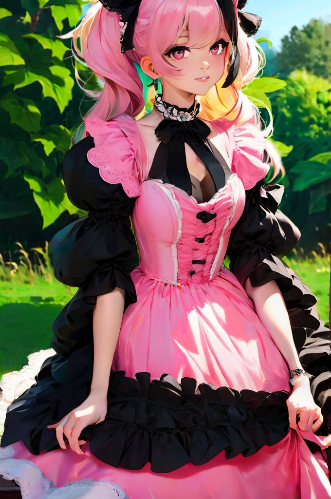 a close up of a woman in a pink dress with black bows, lolita style, romantic dress, lolita fashion, black and pink dress, magical dress, cute dress, dreamy style, fantasy dress, pink and black, rococo dress, victorian gothic lolita fashion, beautiful dress, full dress, whimsical and cute, black white pastel pink, retro and ethereal