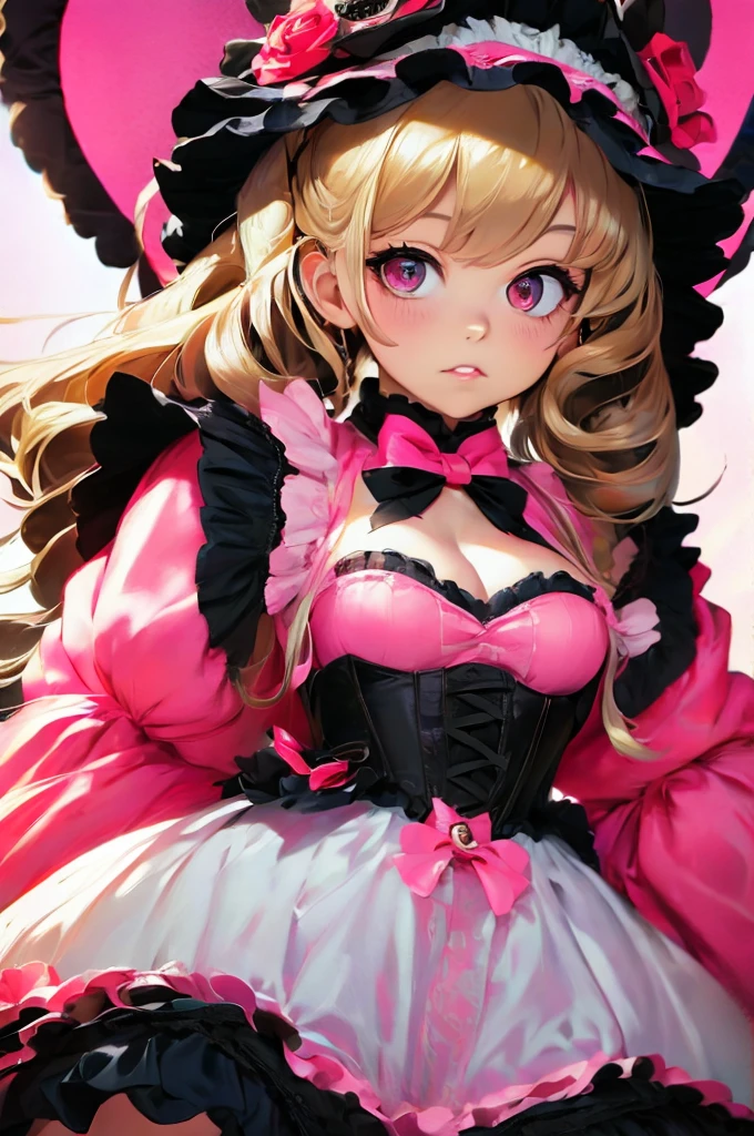 a close up of a woman in a pink dress with black bows, lolita style, romantic dress, lolita fashion, black and pink dress, magical dress, cute dress, dreamy style, fantasy dress, pink and black, rococo dress, victorian gothic lolita fashion, beautiful dress, full dress, whimsical and cute, black white pastel pink, retro and ethereal