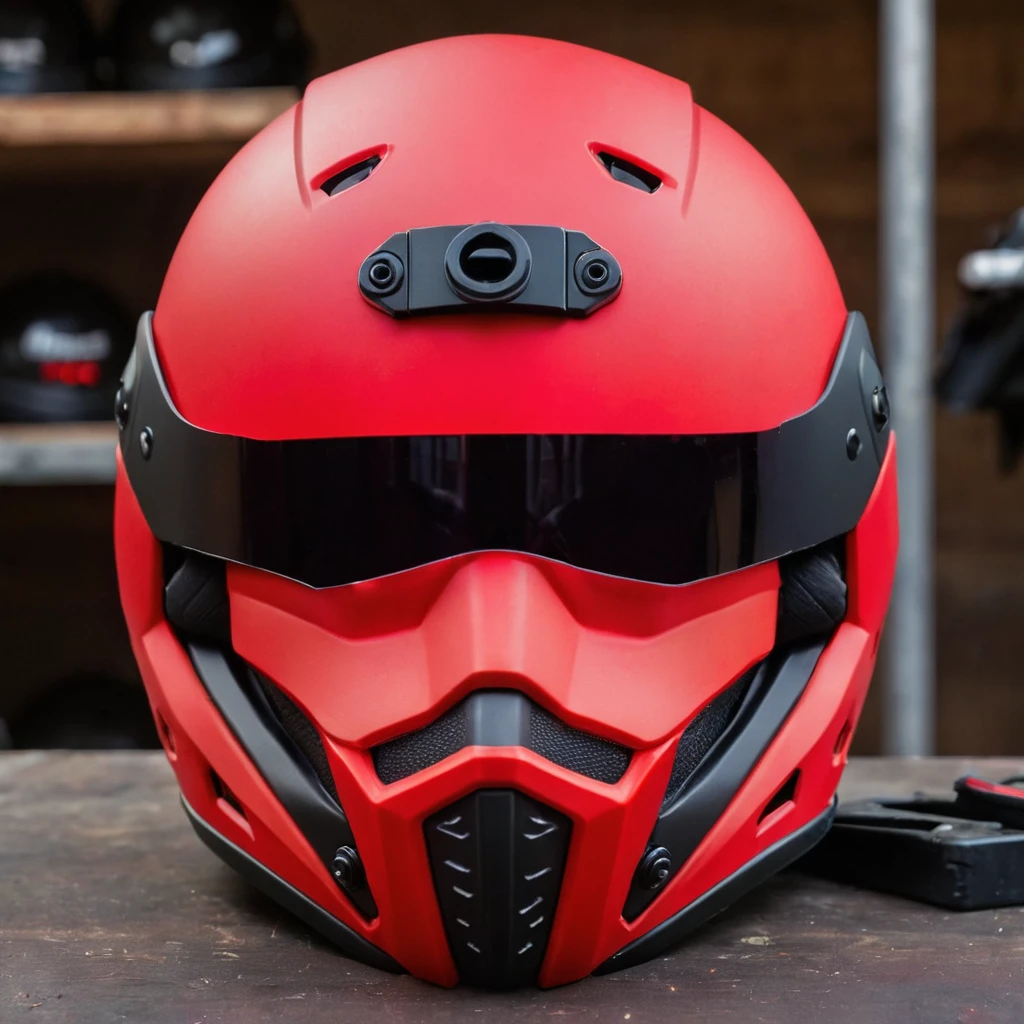 a close up of a helmet with a red face and a red vise, dark visor covering face, streamlined matte red armor, modern helmet, motorcycle helmet, dark visor covering top of face, combat helmet, closed visor, half helmet, stylized motorcycle helmet, dark visor covering eyes, sepal helmet, all red matte product, leds visor helmet, full helmet