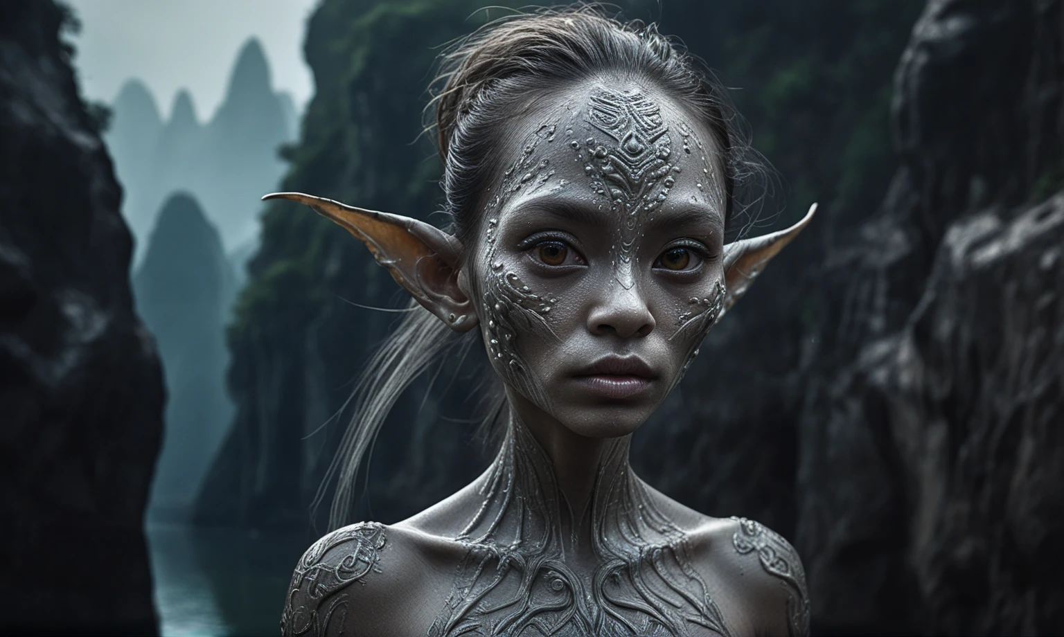 10yo,full body shot,beggar deep niobium paladium The Alien Entity,native italian babychild, wants eat,survival in criminal city of future, Technicolor,natural skin textures, hyper realism, hyper detailed,Extremely detailed,High contrast,Masterpiece,Realistic,Ultra Detailed, intricate details,realistic humid leather,extremly intricate,Epic Realistic, cinematic style,irina yermolova,high contrast,hdr,extremely detailed, deep night landscape,masterpiece,intricate details,faded,eyes extremely detailed, high detailed eyes,8k resolution,RAW,retina, Nikon Z9,China,orc,Li River in Guangxi Zhuang of China,tkt style, pointed ears，perfect, Elf，transition between two art styles, Ink painting to photorealism, Double contact, X-ray, Creative, vivid light, masterpiece, fantasy, Abstract, Surrealism, super detailed, high resolution, stop:35;(((creature with a spectral and ghostly appearance)). Her skin is pale, almost translucent,ancient rock paintings of the first people,sharkfish's leather

