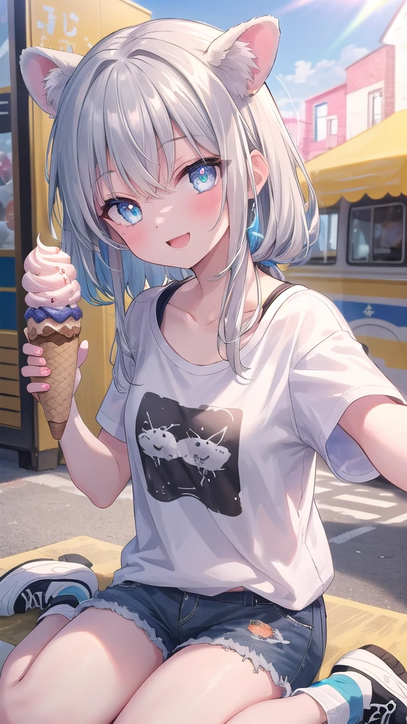 (8k, best quality, master piece: 1.2),super high resolution,1 girl, 独奏, colorshift eyes, hyperdetailed, expressive eyes, ultra-detailed face, T-Shirts、Shorts、Random hairstyle、silver  hair, Food truck, sunshine, Collarbone, Ecstatic expression,wariza, ice cream、Selfie