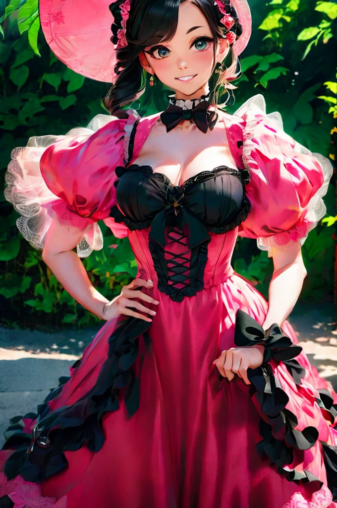 a close up of a woman in a pink dress with black bows, lolita style, romantic dress, lolita fashion, black and pink dress, magical dress, cute dress, dreamy style, fantasy dress, pink and black, rococo dress, victorian gothic lolita fashion, beautiful dress, full dress, whimsical and cute, black white pastel pink, retro and ethereal