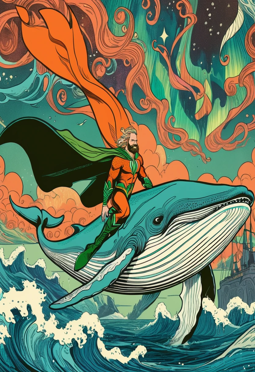 **wordless** aquaman riding a flying whale, (vintage orange and green suit), animated, splash page, expressive bold line illustration, fantasia style flying whales, northern lights, aurora borealis, ethereal, surreal, abstract, ornate, cartoon, hand drawn, cinematic, vivid strange aurora borealis coloring
