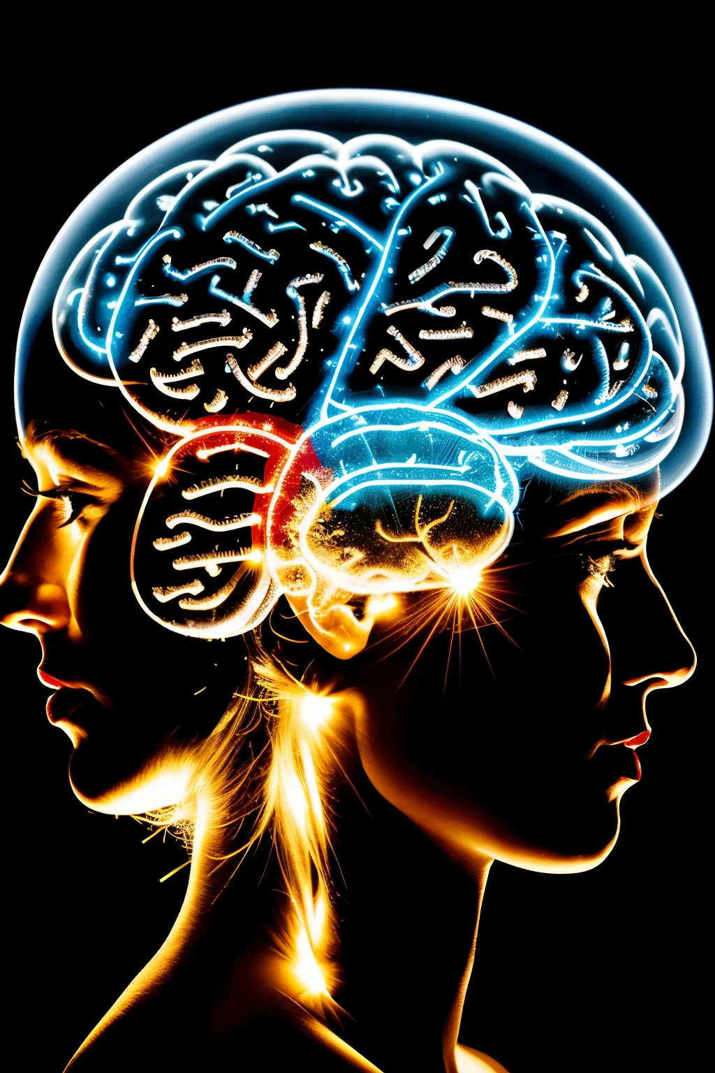 An innovative image of a transparent brain as if it were made of lights with a background that looks like the city of London with shadows of several people looking into the brain